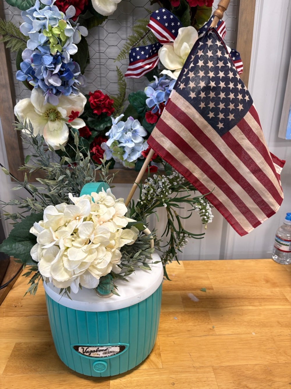 Vintage Vagabond by Thermos Turquoise Cooler with White Hydrangea and Greenery